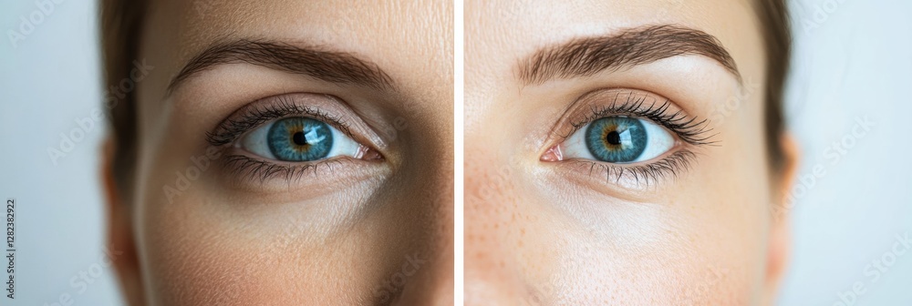 Poster comparison of age effects on facial appearance highlighting wrinkles and smooth skin in split screen