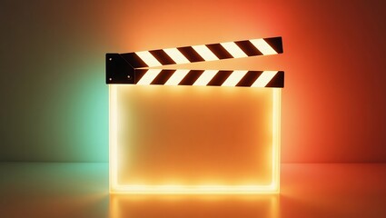 Neon-lit film clapperboard - cinematic production - creative stock image