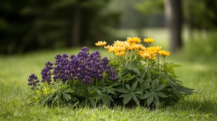 Obraz premium Vibrant Display of Purple and Yellow Flowers in Lush Green Grass Under Soft Natural Light