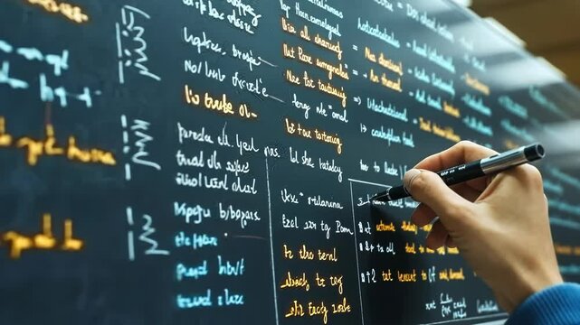 Close-up of a hand writing on a chalkboard filled with words in different languages.