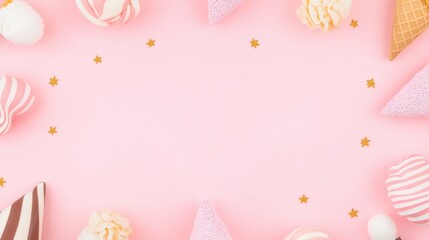 Pink background with sweet treats and gold sprinkles