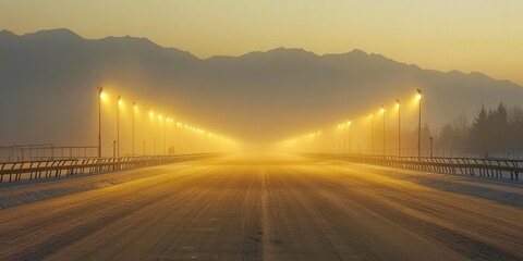 Serene winter highway disappearing into the fog at sunset, illuminated by warm yellow lights