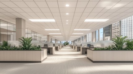 Modern Open Plan Office Space with Large Windows and Indoor Plants in a Bright Professional Environment