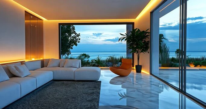 Modern living room with ocean view, illuminated by warm LED strip lights, featuring a white sectional sofa, ottoman, and orange armchair.