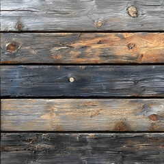 Close-up view of weathered wooden planks, with natural grain and knots Shows signs of aging due to outdoor exposure some areas darker, others lighter, peeling paint or sealant - AI-Generated