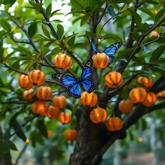 A butterfly sits on an orange pumpkin tree branch