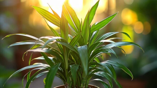 Lush green plant in a terracotta pot, backlit by golden sunlight.