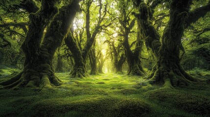 Obraz premium Sunlit mossy forest path.