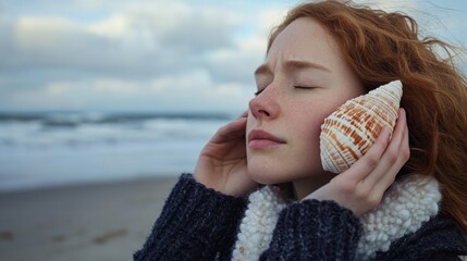 Woman listening to ocean sounds through a shell while standing on a beach during overcast weather