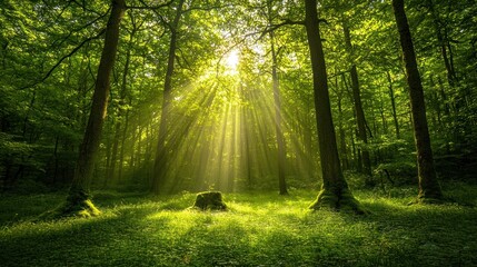 Fototapeta premium Sunbeams illuminating lush green forest.
