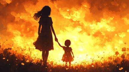 Fototapeta premium Silhouetted figures of a woman and child walking towards a vibrant sunset landscape in a field