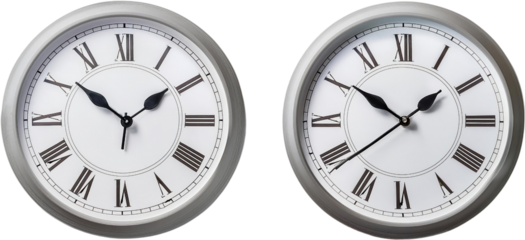 Two Classic Silver Roman Numeral Clocks Showing Different Times Time Management Concept