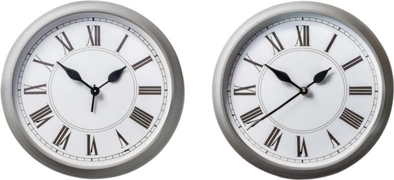 Two Classic Silver Roman Numeral Clocks Showing Different Times Time Management Concept - Powered by Adobe