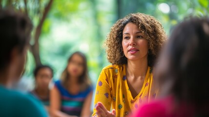 Engaging discussion among diverse group in a vibrant indoor setting during a workshop or meeting