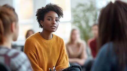 Engaging discussion among diverse group in a bright classroom during a collaborative class session