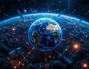 Obraz premium Global Network: Earth's vibrant digital connections in a futuristic, glowing style