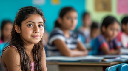 Young girl smiling in a classroom filled with attentive students during a school session in the afternoon