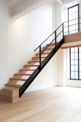 Obraz premium Mezzanine in the interior of a small room, industrial style design, minimalism, convenient solutions for a small area of the apartment