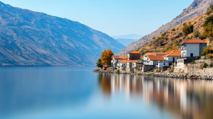 Tranquil lakeside village surrounded by mountains reflecting on calm water during sunny day in beautiful scenic landscape