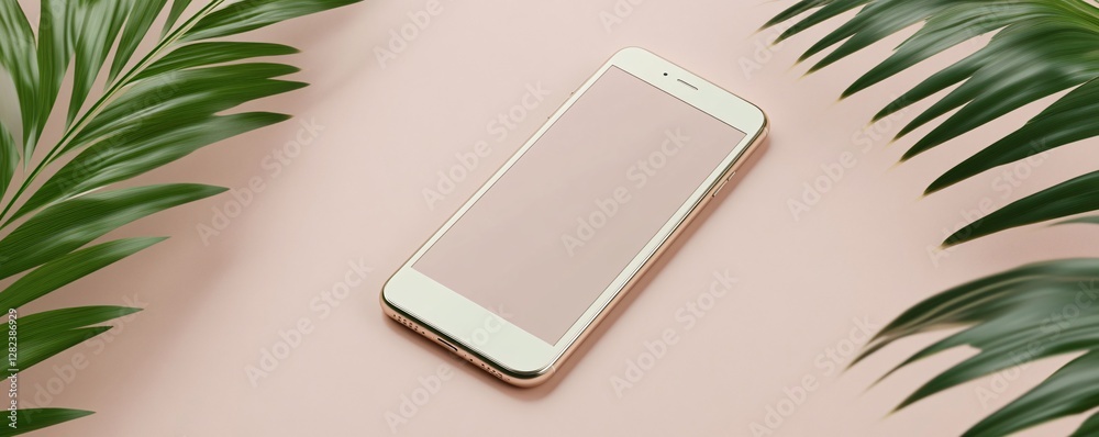 Poster Smartphone with blank screen displaying on pink background with palm leaves
