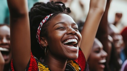 Obraz premium Joyful woman celebrating with raised arms in a vibrant crowd, expressing happiness and unity during a cultural event, joyful celebration concept