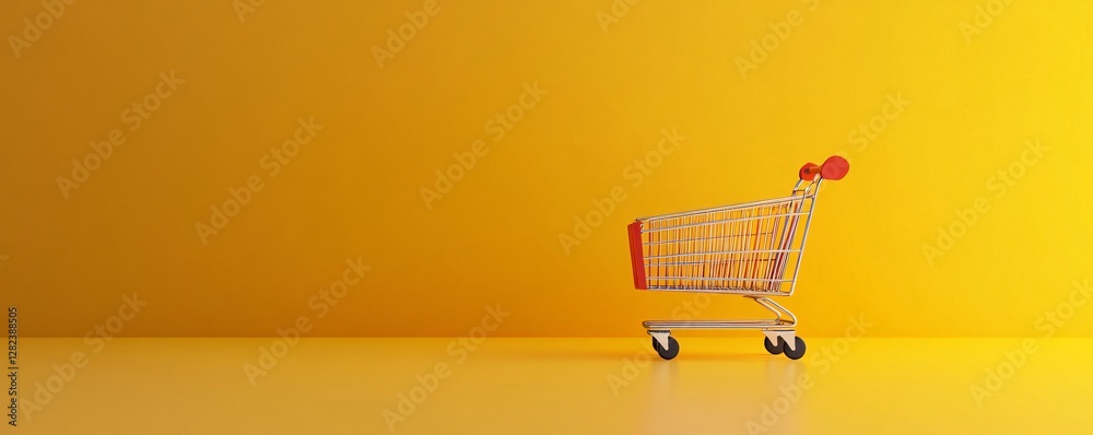 Poster empty shopping cart on yellow background representing online shopping and consumerism