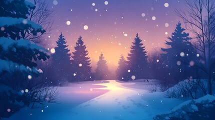 Winter Sunset Landscape with Frozen Stream and Evergreens