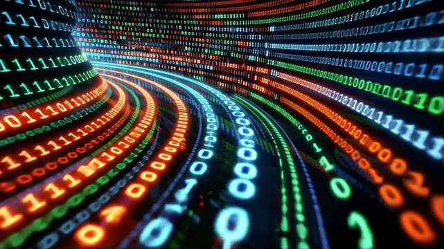 Vibrant Digital Tunnel of Colorful Binary Code in Motion