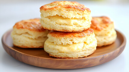 Buttery scones on wooden plate, kitchen setting. Food photography for recipe blogs