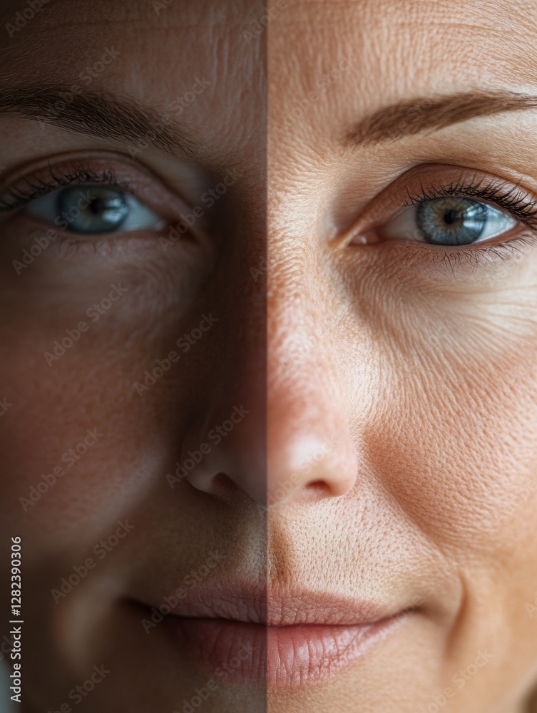 Fototapete split view showcasing aging contrast of a womans face with wrinkles on one side and smooth skin on t