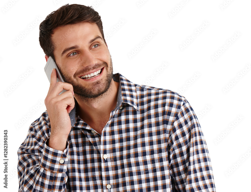 Poster Man, phone call and smile for talk in studio, listening and mobile networking by white background. Person, smartphone and connection for contact with happy, excited and discussion with mock up space
