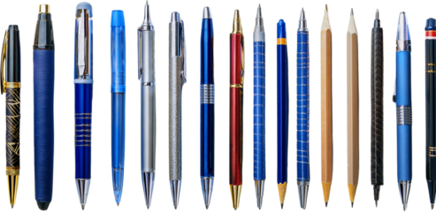 Collection of various pens and pencils isolated transparent background