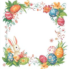 Adorable Easter Bunny with Colorful Eggs and Spring Flowers in a Festive Frame