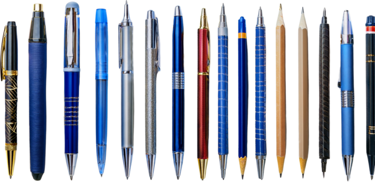 Collection of various pens and pencils isolated transparent background