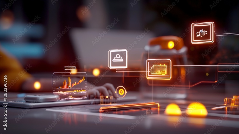 Poster futuristic digital interface with graphs and icons depicting data analytics in a modern workspace en
