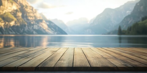 Serene mountain lake landscape with wooden surface in the foreground