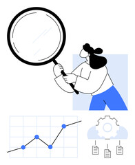 Woman holding magnifying glass, line graph showcasing trends, gear with cloud and documents. Ideal for data analysis, research, optimization, growth strategies, management, innovation abstract line