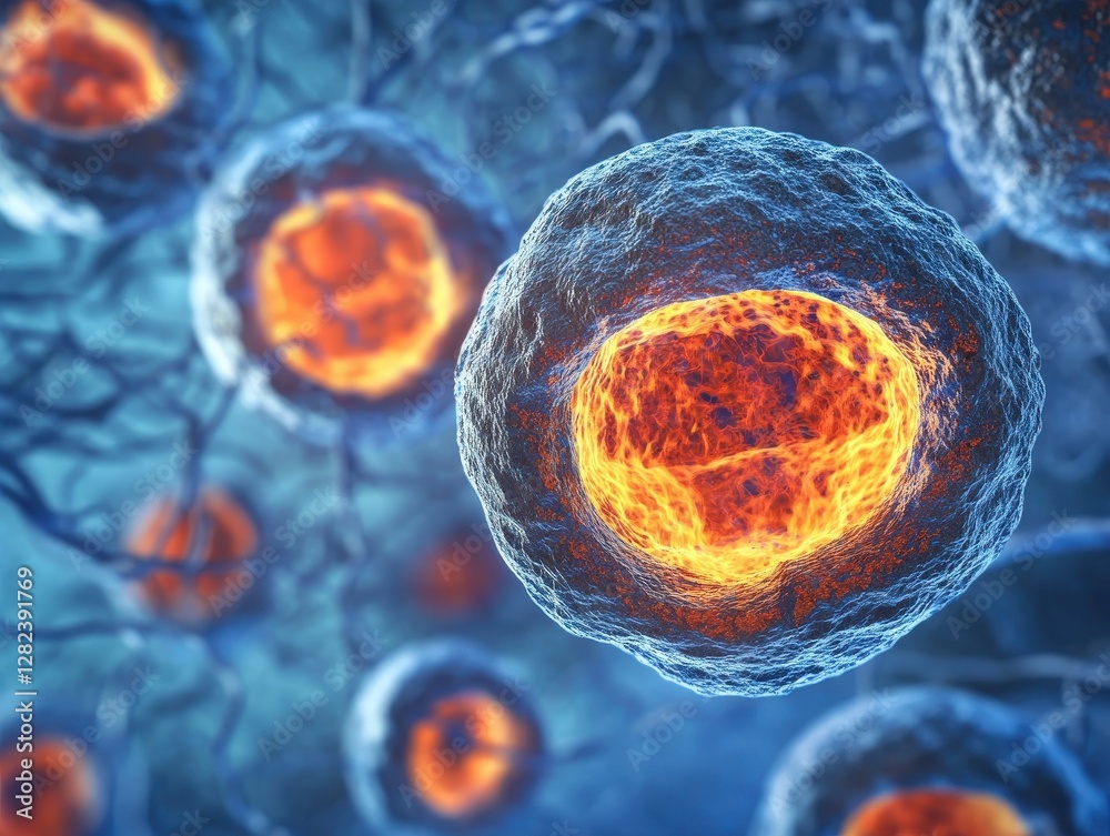 Poster microscopic view of glowing cells in a complex network
