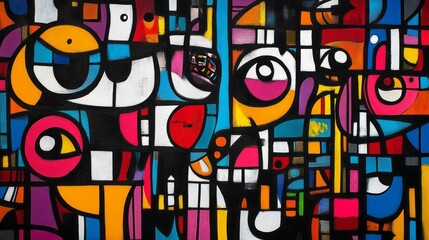 Obraz premium Abstract painting featuring colorful geometric shapes and facial features