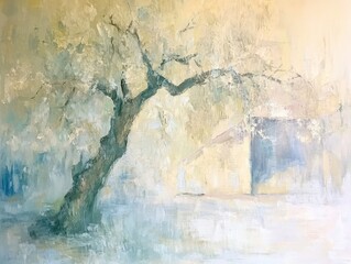 Obraz premium Serene Landscape Painting of an Old Olive Tree near a Rustic House