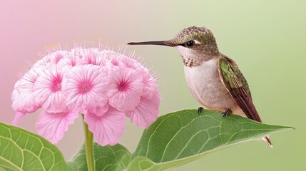 Fototapeta premium Hummingbird feeding on a delicate pink flower