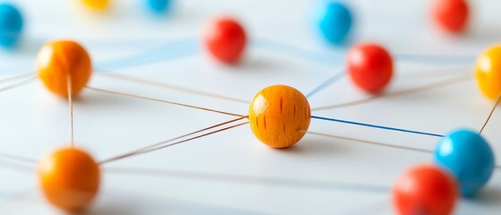 Vibrant network connection design with colorful strings and light brown wooden beads on white background, representing communication, collaboration, and innovation