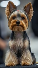 Portrait of an adorable Yorkshire Terrier with glossy fur at a dog grooming event