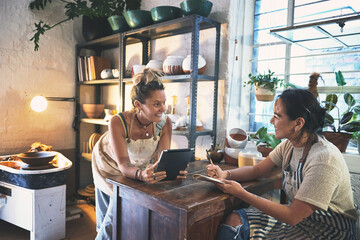 Pottery, online and women with tablet, entrepreneur and inventory for stock in shop, startup and website. Collaboration, notes and checking sales for small business, craftsmanship and artist in store