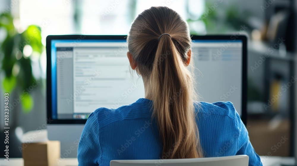 Aufkleber focused woman working on computer at desk in modern office