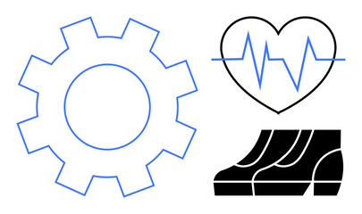 Gear, heartbeat line inside a heart, and running shoes convey balance of fitness, health, and efficiency. Ideal for themes thumbs up wellness, exercise, cardiovascular health, machinery mechanics