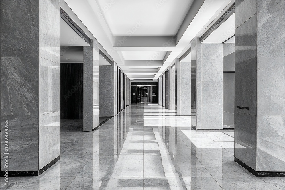 Poster modern minimalist hallway with marble pillars and polished floor, creating a sense of depth and eleg
