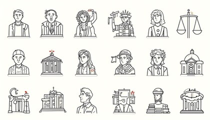 Diverse Professions and Landmarks: A Collection of Line Art Illustrations