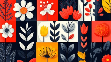 Colorful floral pattern displayed in a geometric grid arrangement