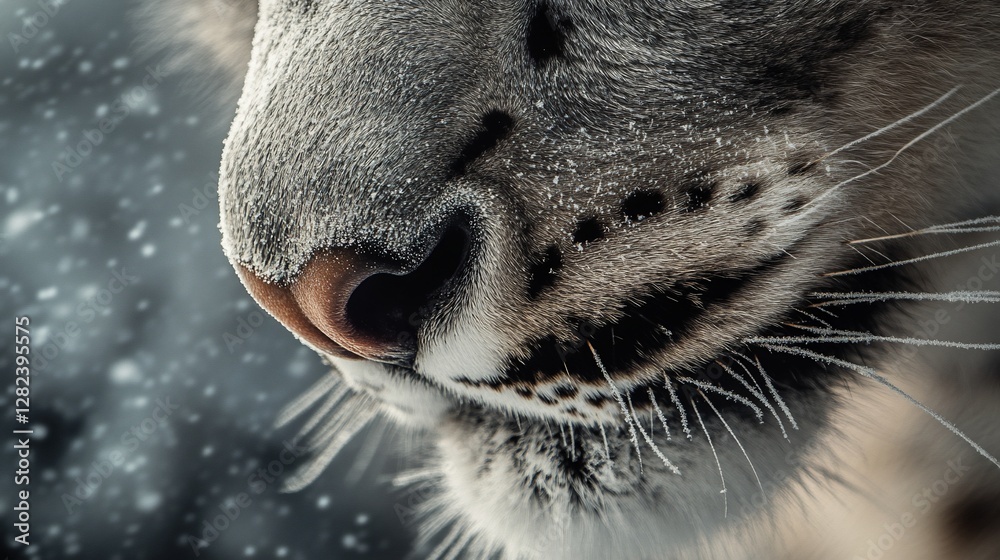 Poster close-up of a snow-covered white tiger's nose and whiskers in a snowy scene.